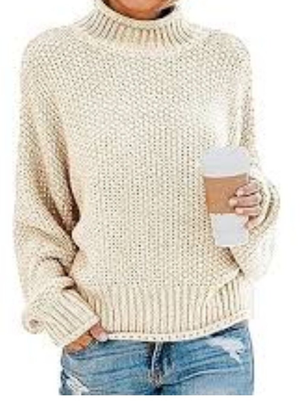 TECREW Cream Chunky Knit Crewneck Sweater